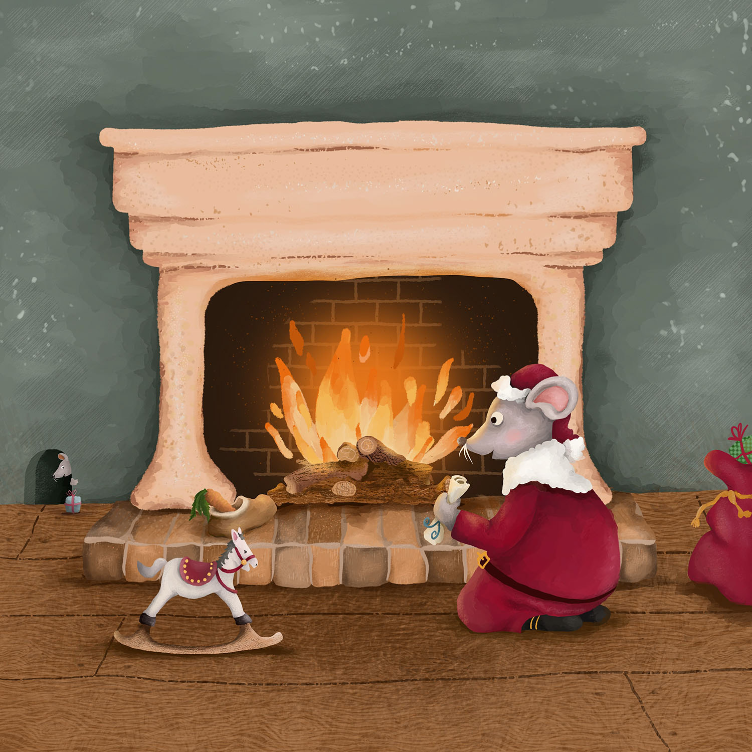 A heartwarming Christmas mouse scene by the fireplace, full of nostalgic warmth