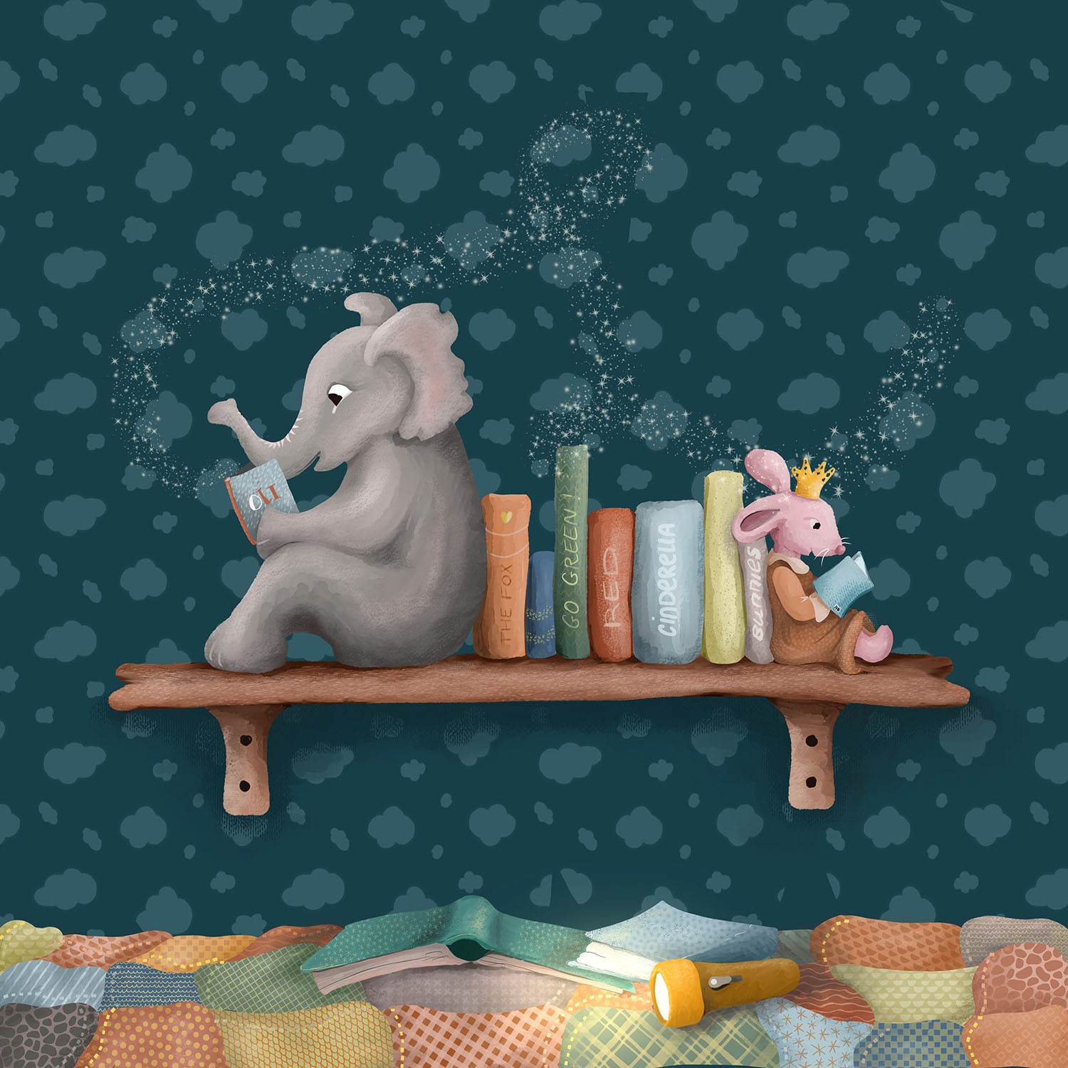 An elephant and mouse reading magical books on a cozy wooden shelf.