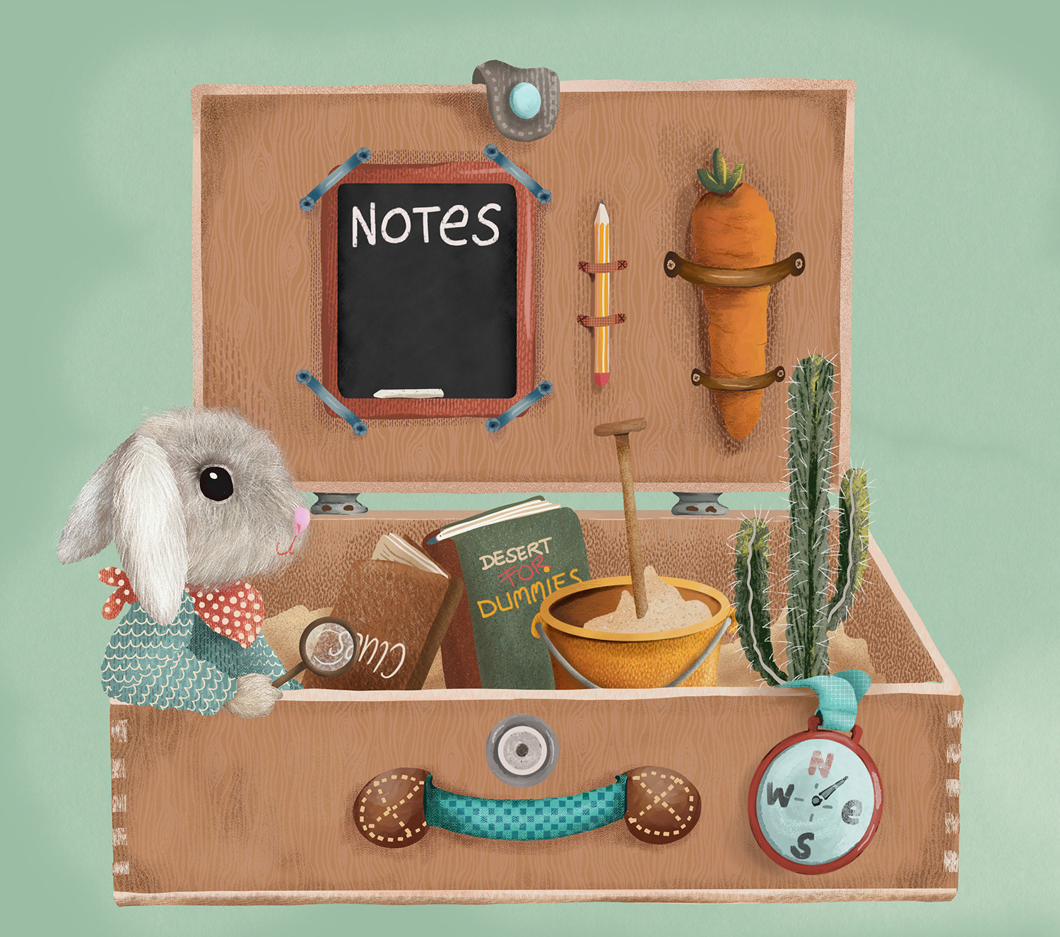 A curious bunny exploring a suitcase full of treasures and tiny discoveries.