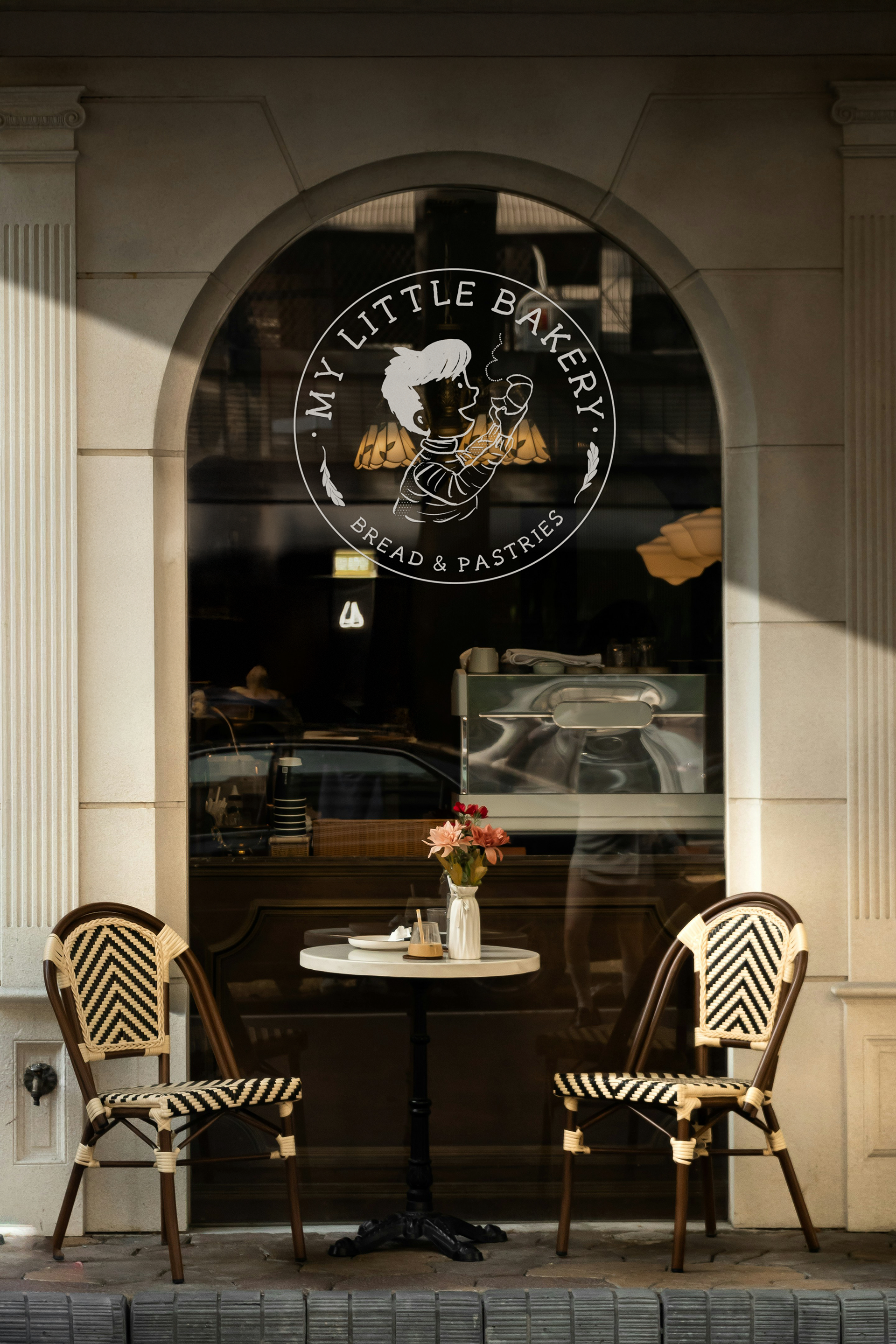 My Little Bakery logo in white vinyl on the shop window