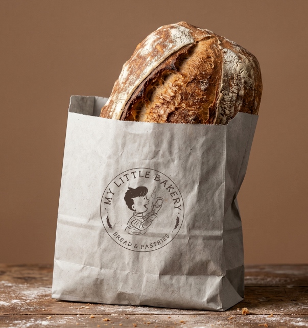 My Little Bakery logo on a grey paper bag holding a sourdough loaf