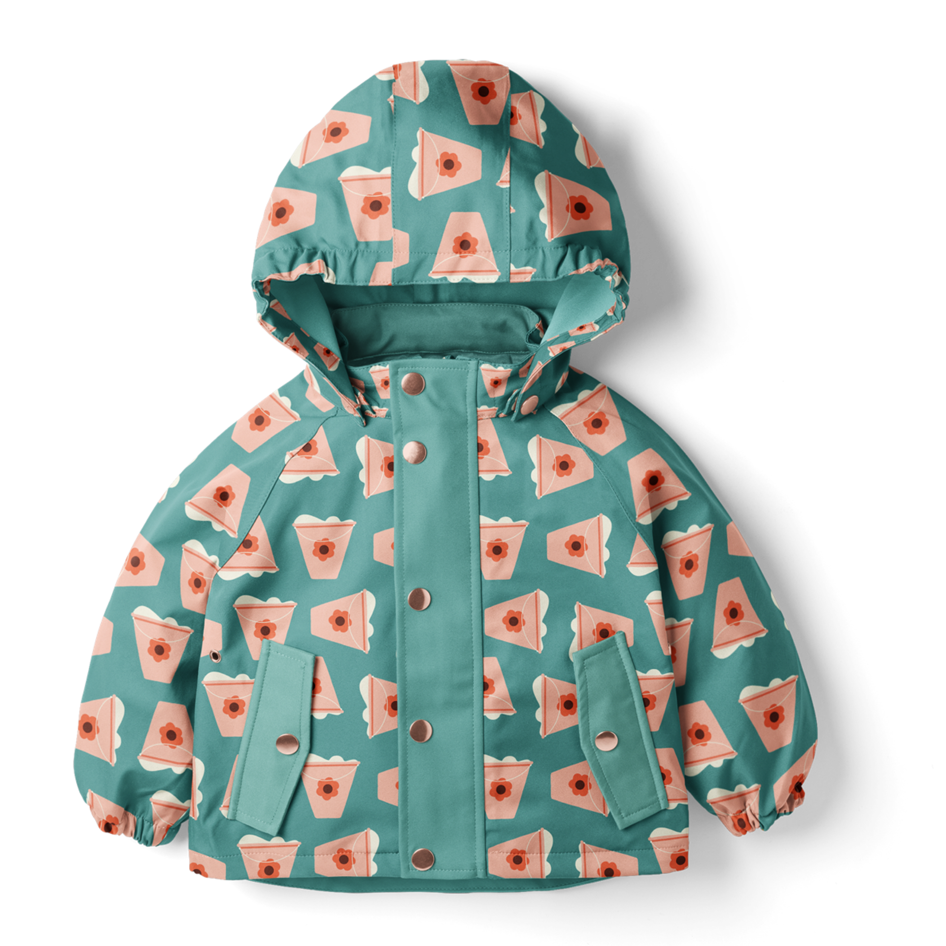 Raincoat for children with a playful, gender-neutral design with seaside buckets with sand, designed by Marlies Blokland