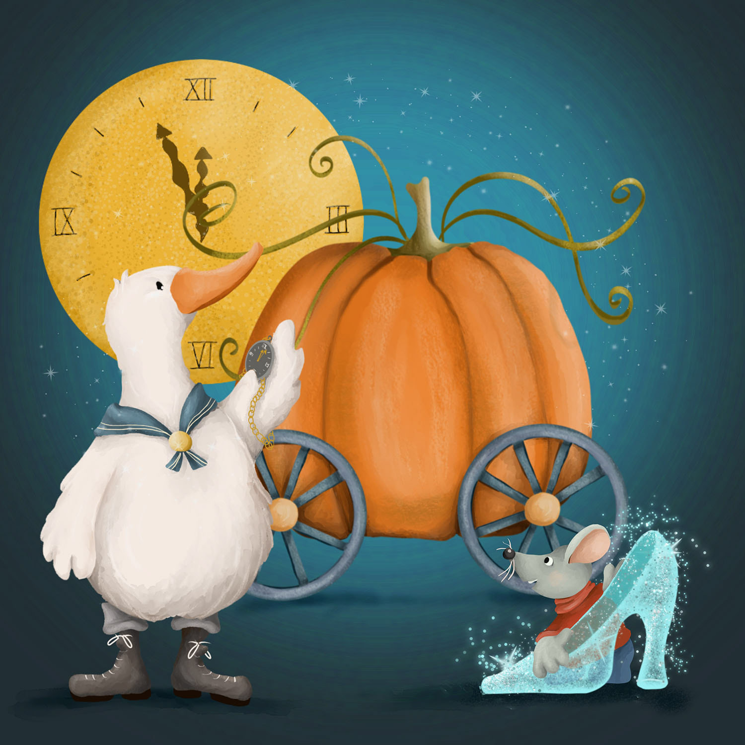 A playful twist on Cinderella: a goose guiding a magical pumpkin carriage.