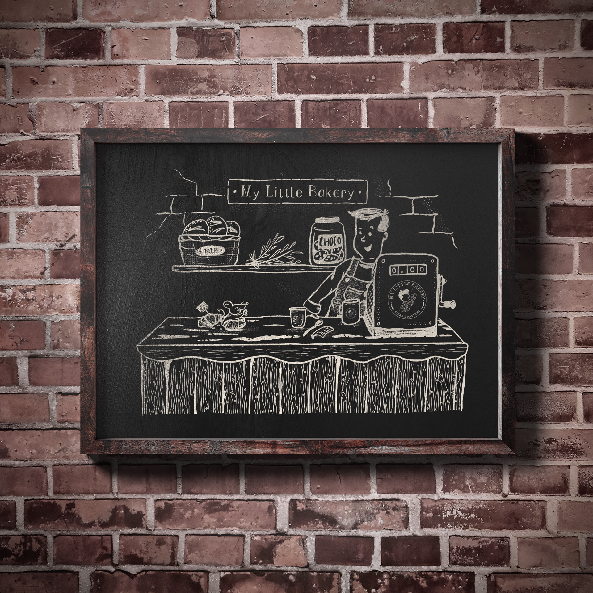 My Little Bakery shop scene in white on a framed chalkboard