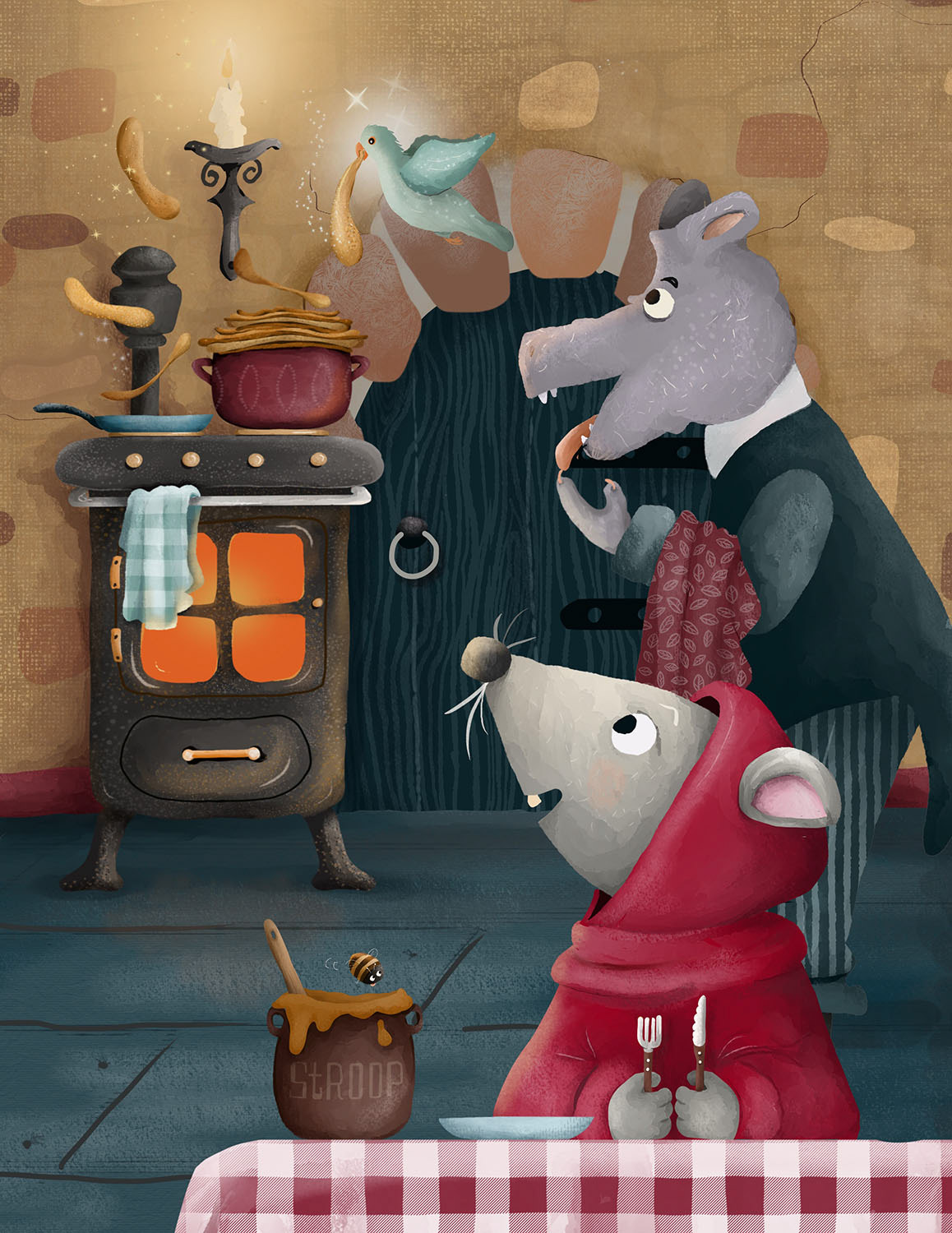 A warm kitchen scene with whimsical animal characters eating pancakes .