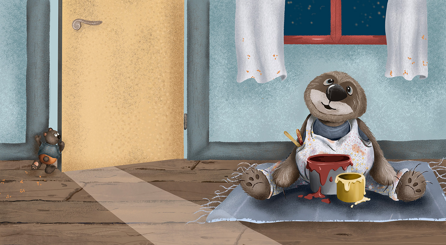 A sweet little sloth painting at home, wrapped in warm cozy textures.