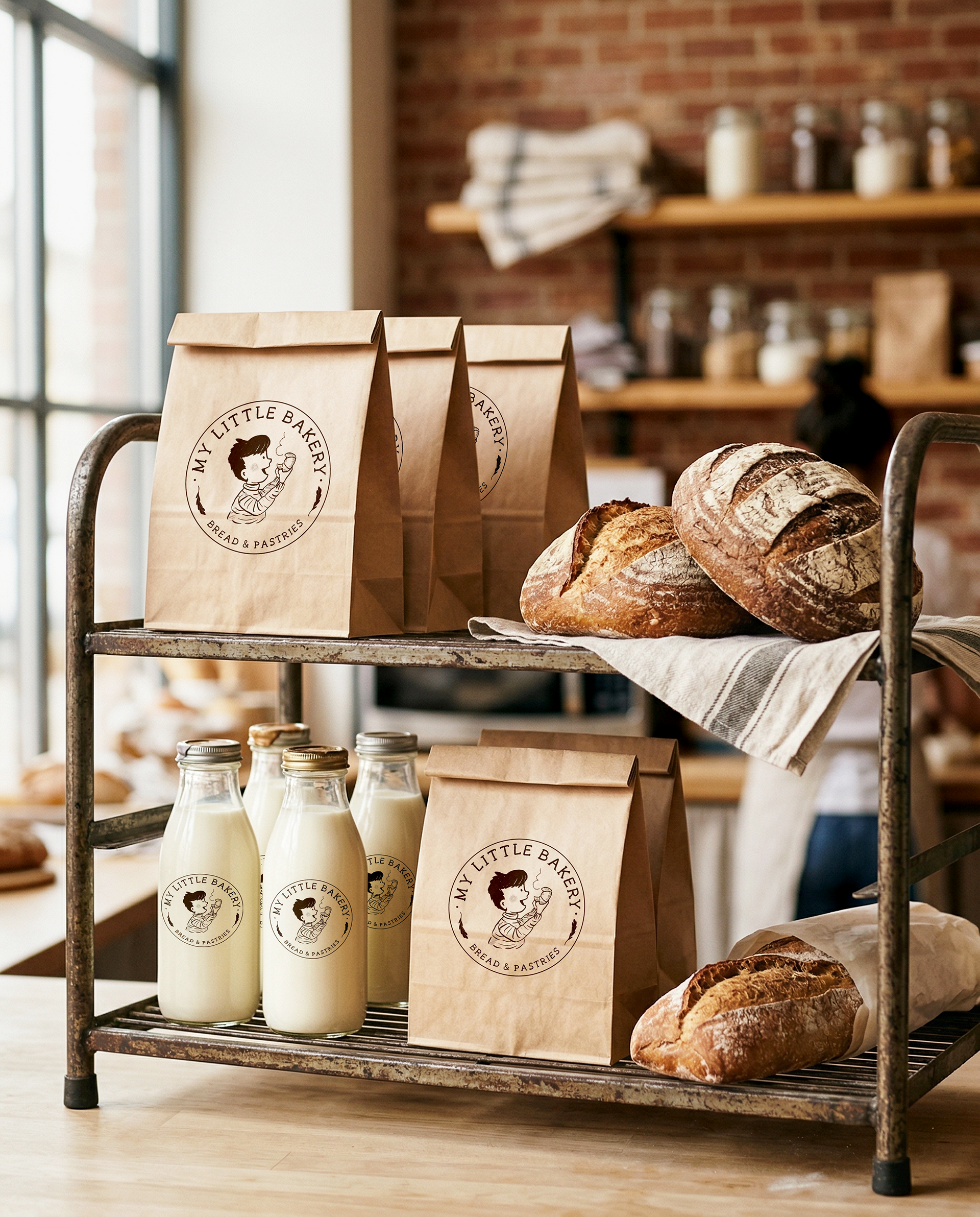 My Little Bakery kraft bags and milk bottles with the logo on a shop shelf