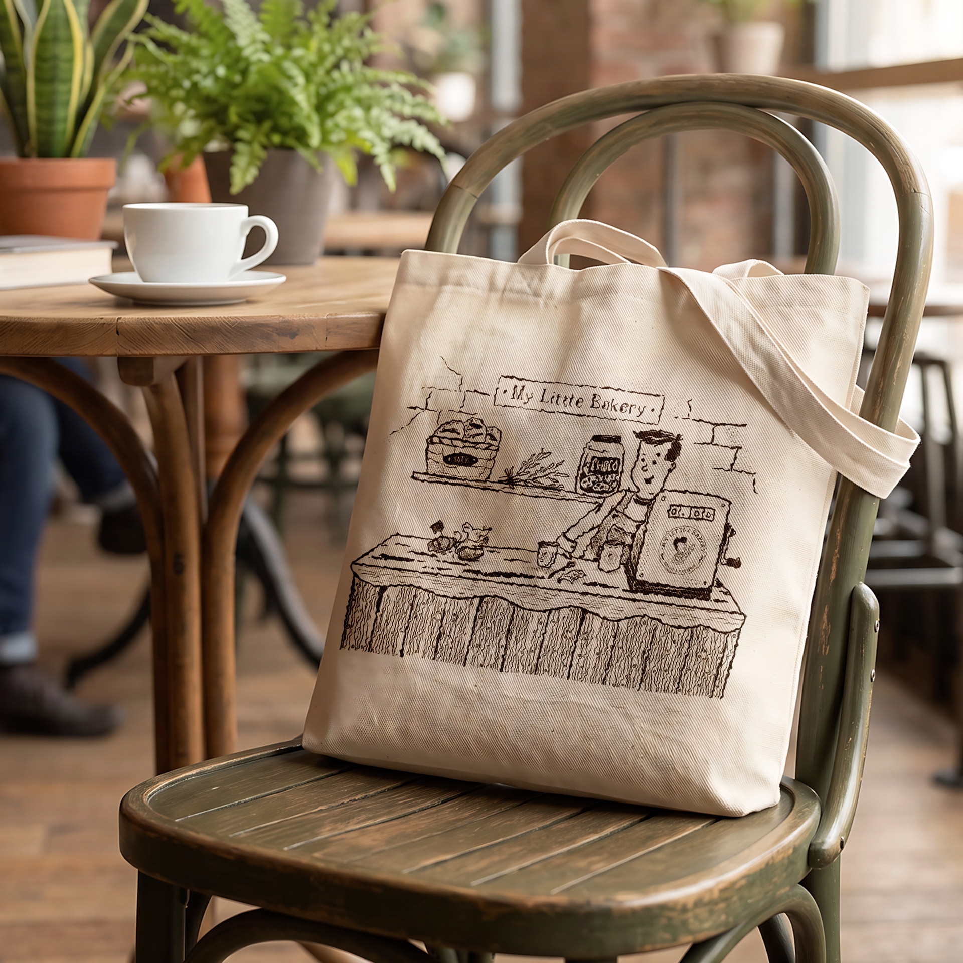 My Little Bakery shop scene printed on a canvas tote bag