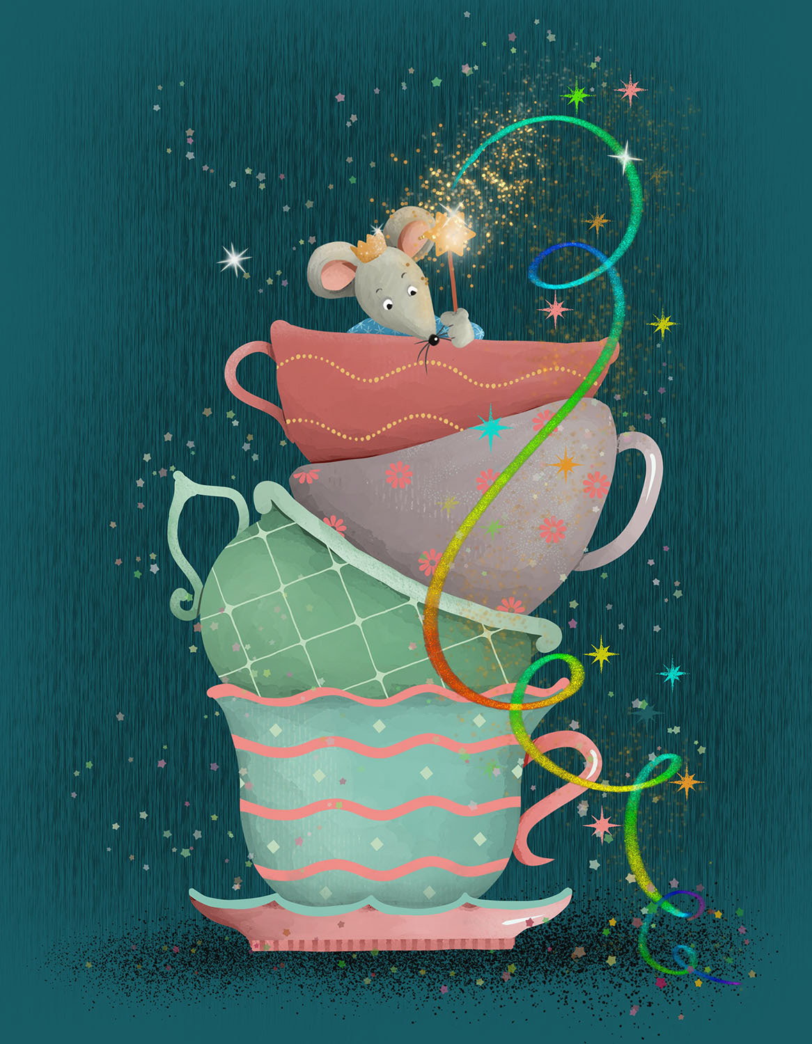 A magical mouse balancing on a tower of teacups, sparkling with fairytale energy.