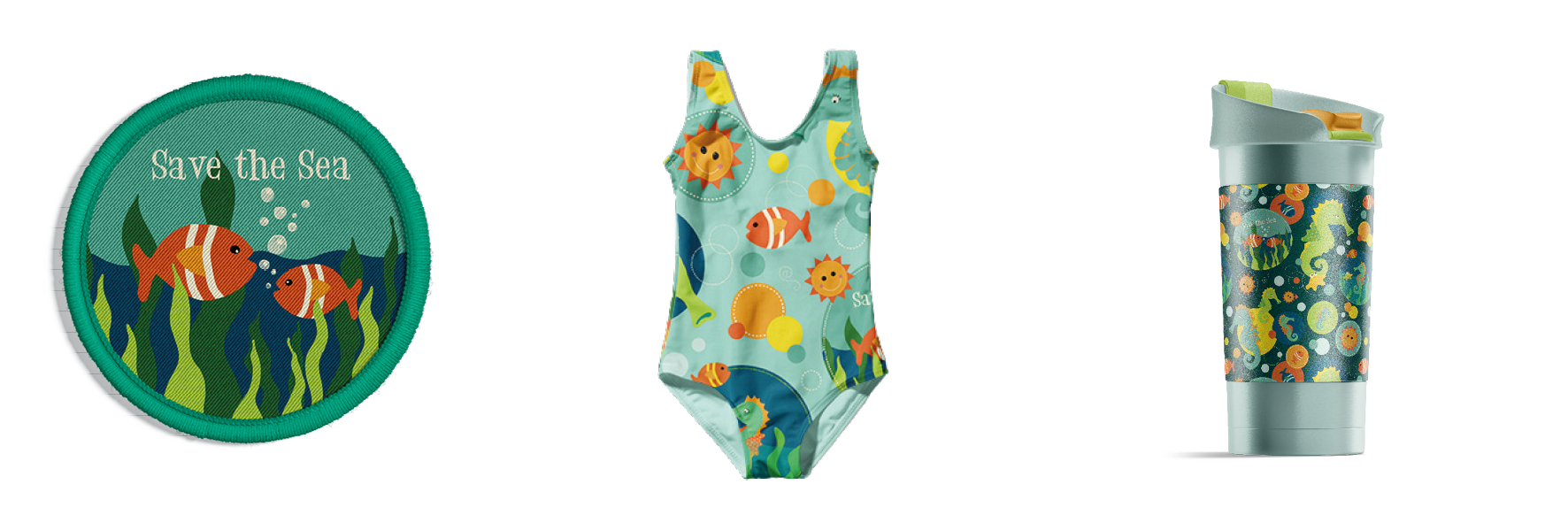 Kids surface pattern collection with playful sea life illustrations applied to a patch, children’s swimsuit, and reusable drink cup