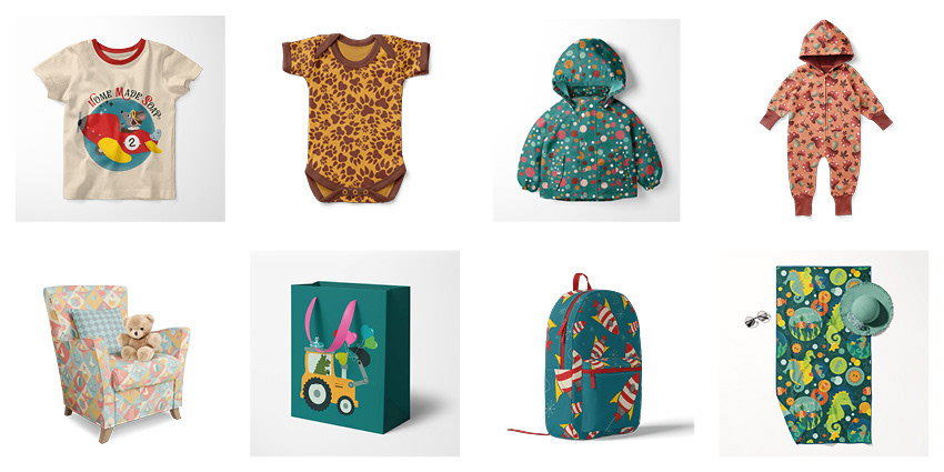 “Surface pattern design portfolio highlights by Marlies Blokland, featuring children’s apparel, baby products, gift bags, stationery and textile designs for licensing.”