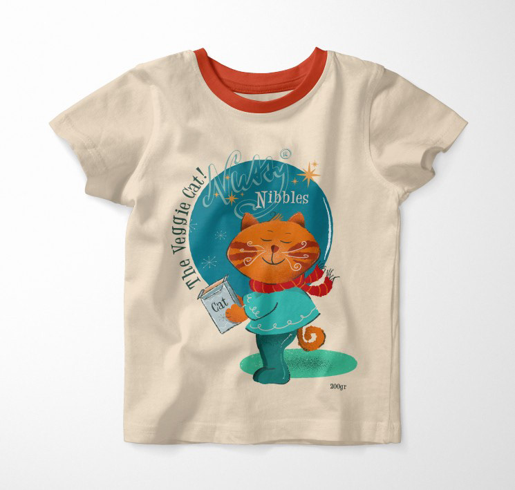 Children’s T-shirt featuring a playful nostalgic illustration of a smiling cat character, inspired by vintage childhood and classic toys.