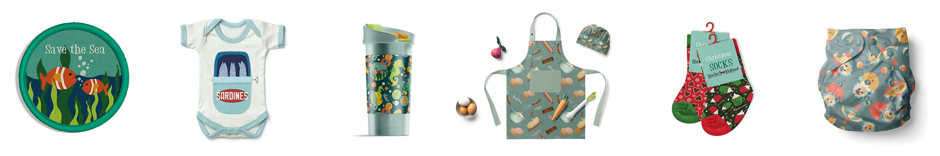 A collection of children's products featuring whimsical surface pattern designs by Marlies Blokland, including a “Save the Sea” embroidered patch with fish, a baby onesie with a sardine tin print, an ocean-themed drink tumbler, a kids’ baking apron set, holiday-themed Christmas socks, and a reusable cloth diaper with retro animal illustrations.