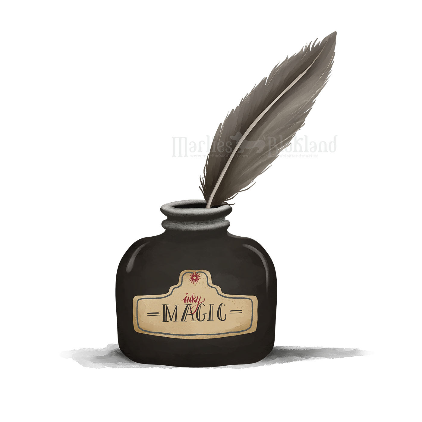 “Whimsical illustration of an old-fashioned ink bottle labeled ‘Magic’ with a feather quill, painted in a soft, nostalgic storybook style by Marlies Blokland.