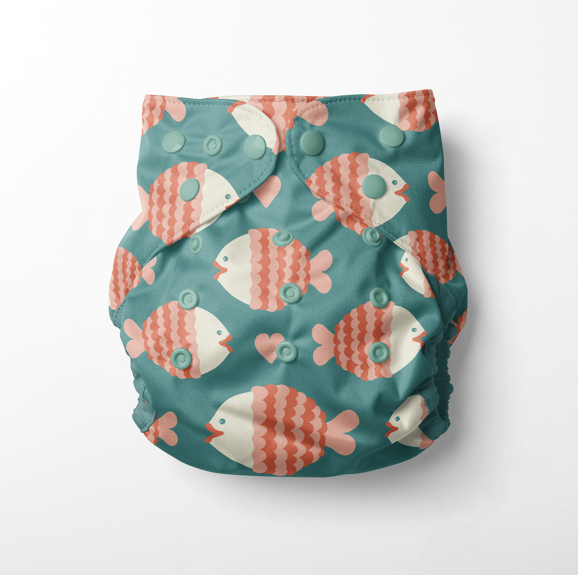 Reusable diaper with gender-neutral fish design by Marlies Blokland