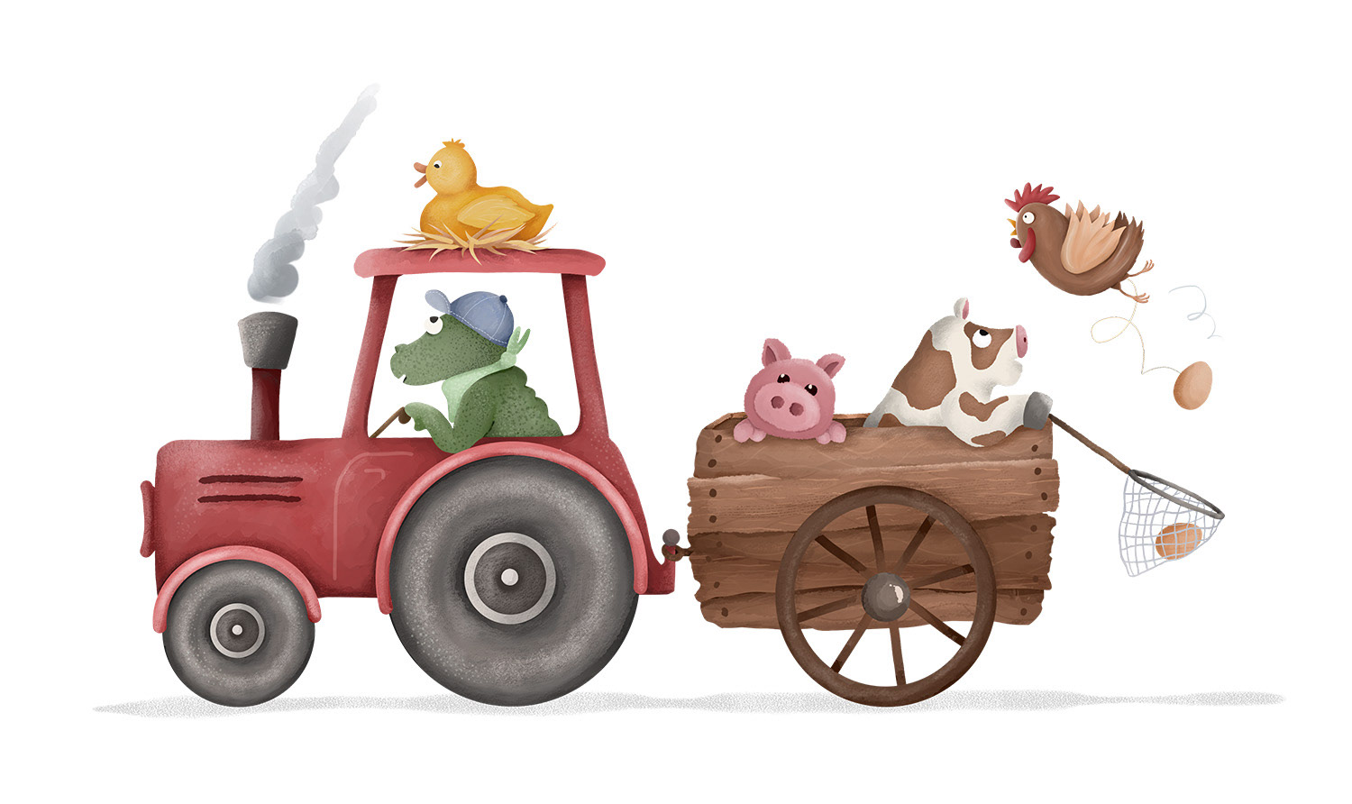 A cheerful farm tractor filled with playful animals on a countryside ride.