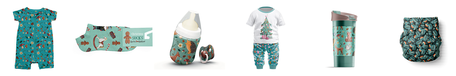 “Collection of kids’ products including romper, socks, baby bottle, pacifier, pajamas, travel mug, and diaper with whimsical surface patterns by Marlies Blokland.”