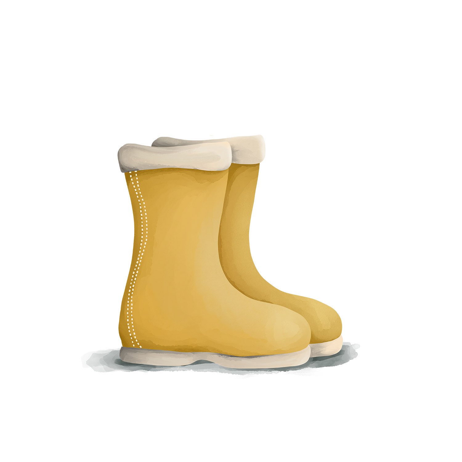 Whimsical yellow rain boots with playful painterly textures