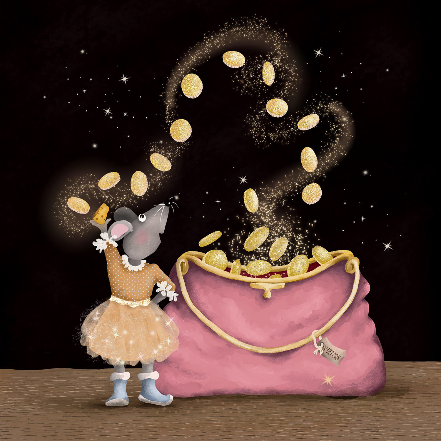 A magical mouse opening a sparkling purse that releases golden coins