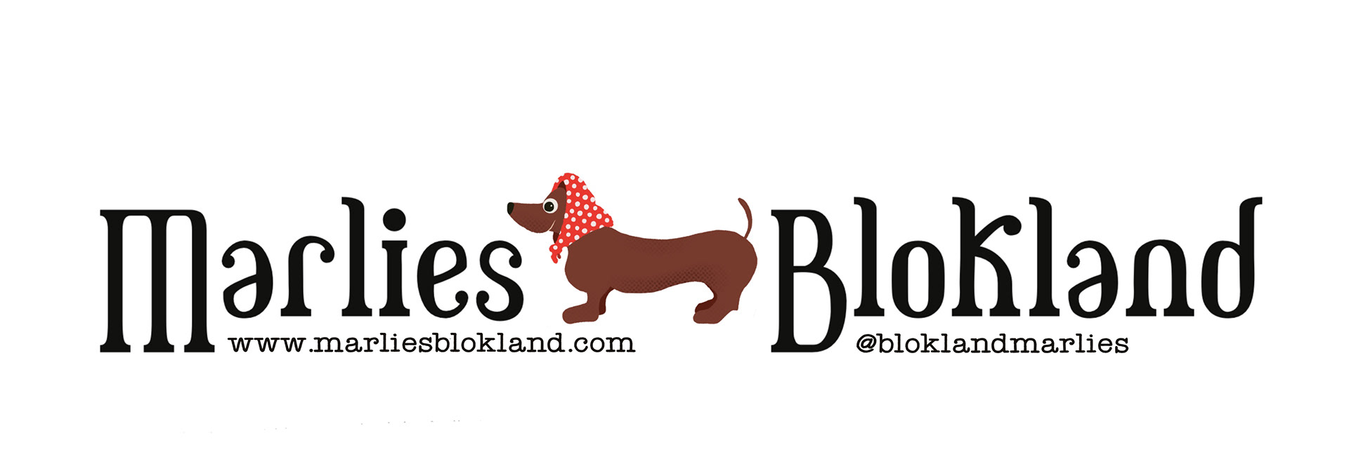 Logo for Marlies Blokland, a surface pattern designer and illustrator, featuring a stylized dachshund wearing a red polka-dot scarf, integrated playfully between the words “Marlies” and “Blokland.” The design reflects a whimsical, child-friendly aesthetic.