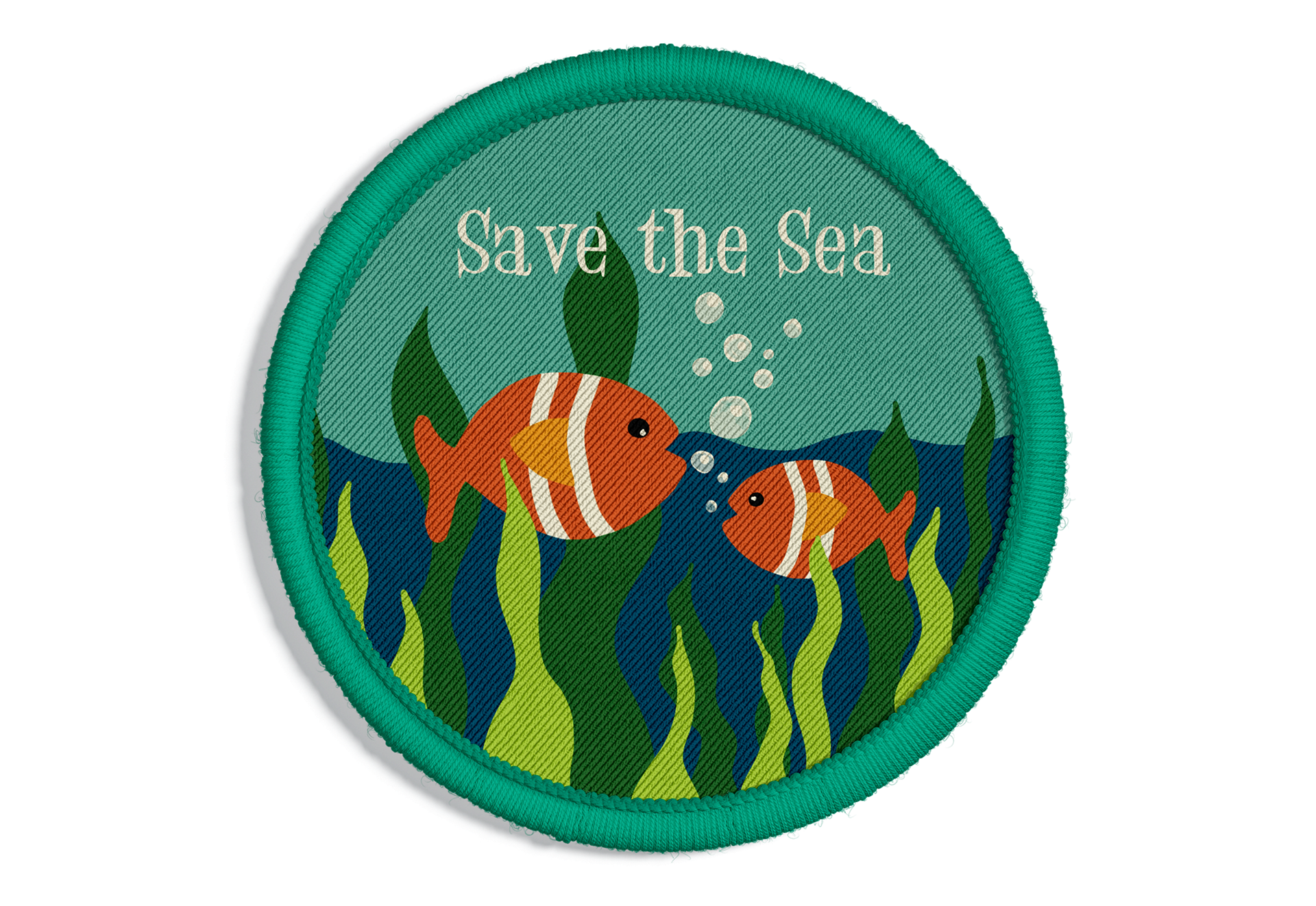 Embroidered patch with `Save the Sea` design by Marlies Blokland