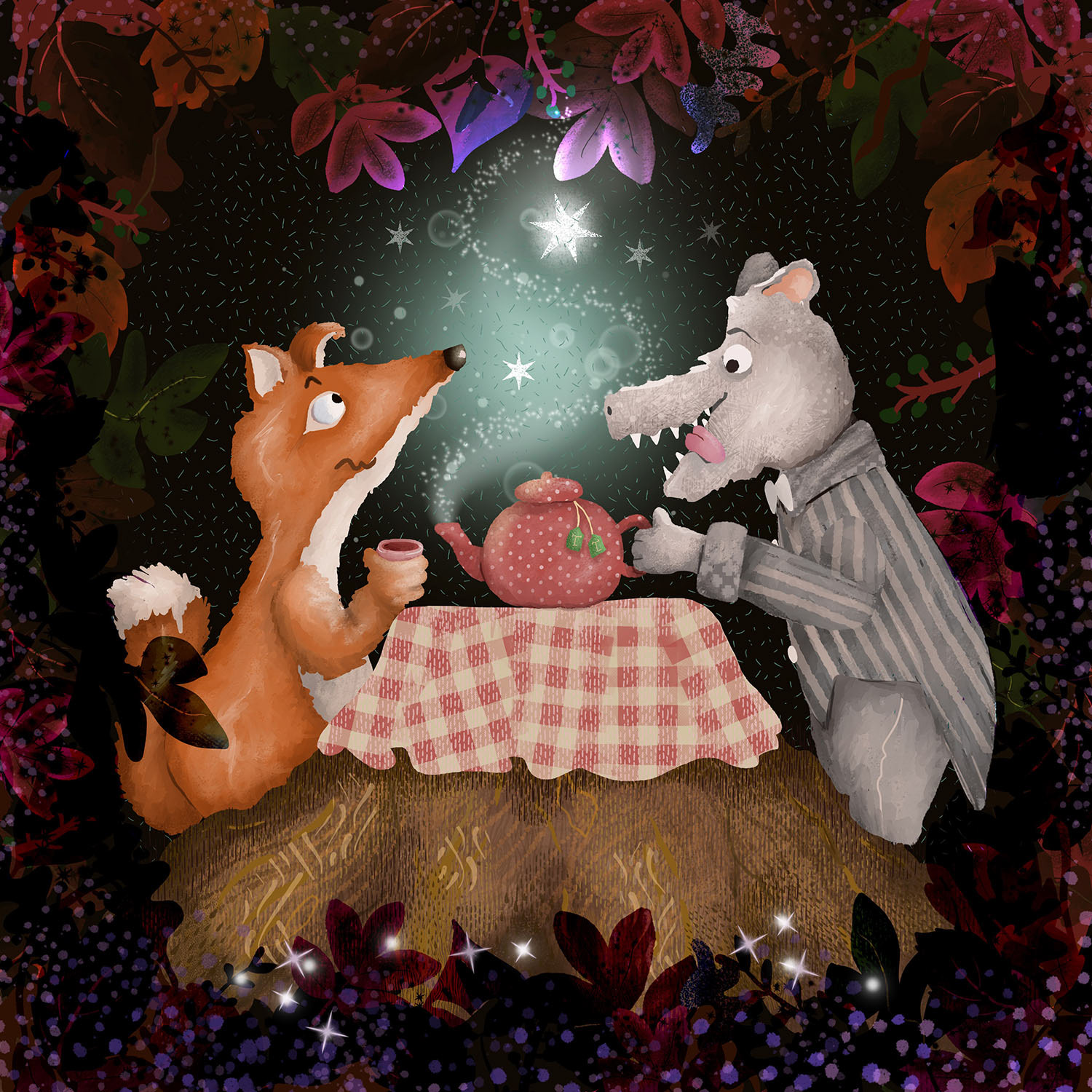 A magical forest tea party between a fox and a wolf under sparkling light