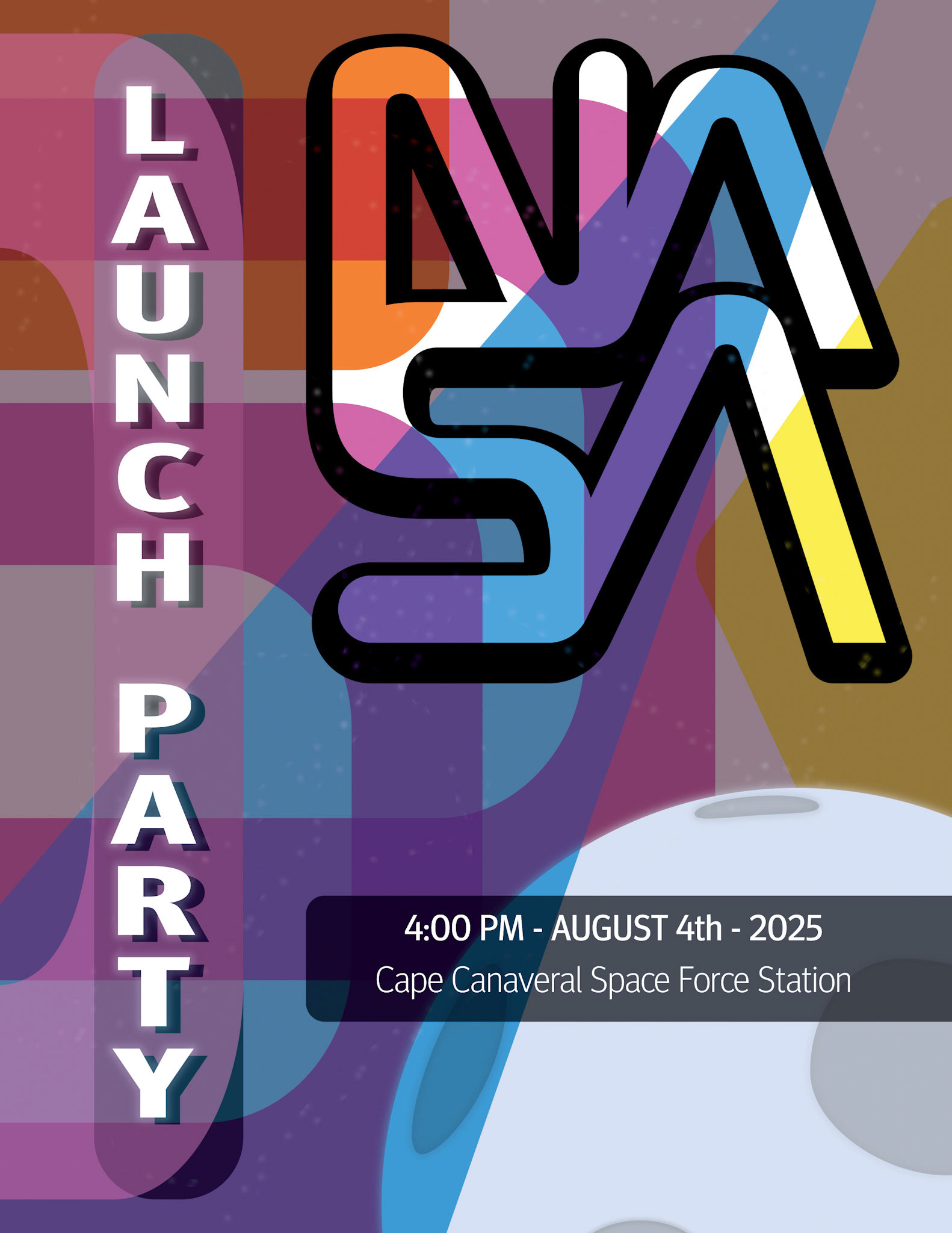 Prompt: Redesign the NASA logo and create an event poster advertising a rocket launch at Cape Canaveral