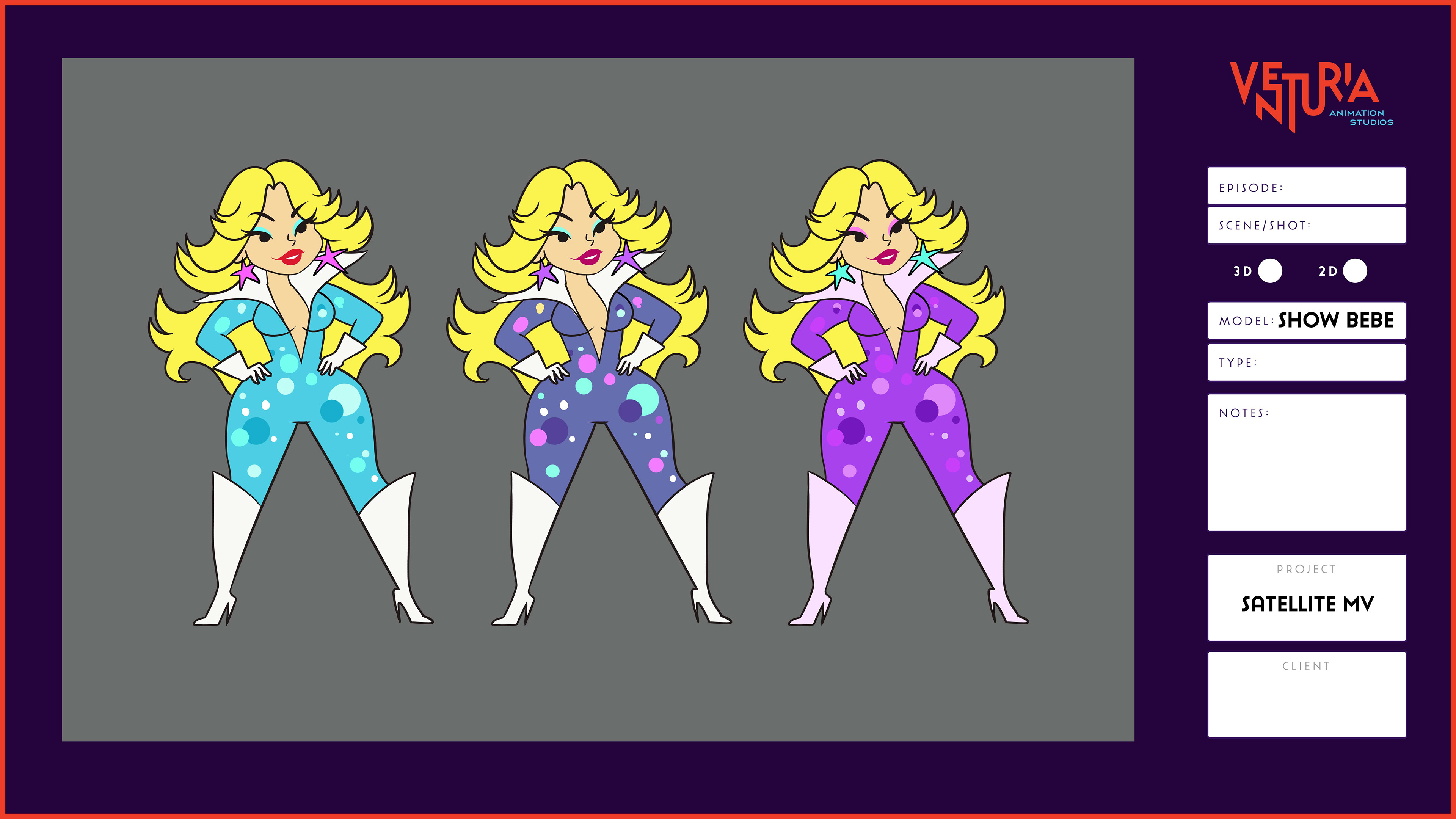 Clean character layout and color options for Bebe Rexha's "Satrellite" music video. A creative service by Venturia Animation Studios.