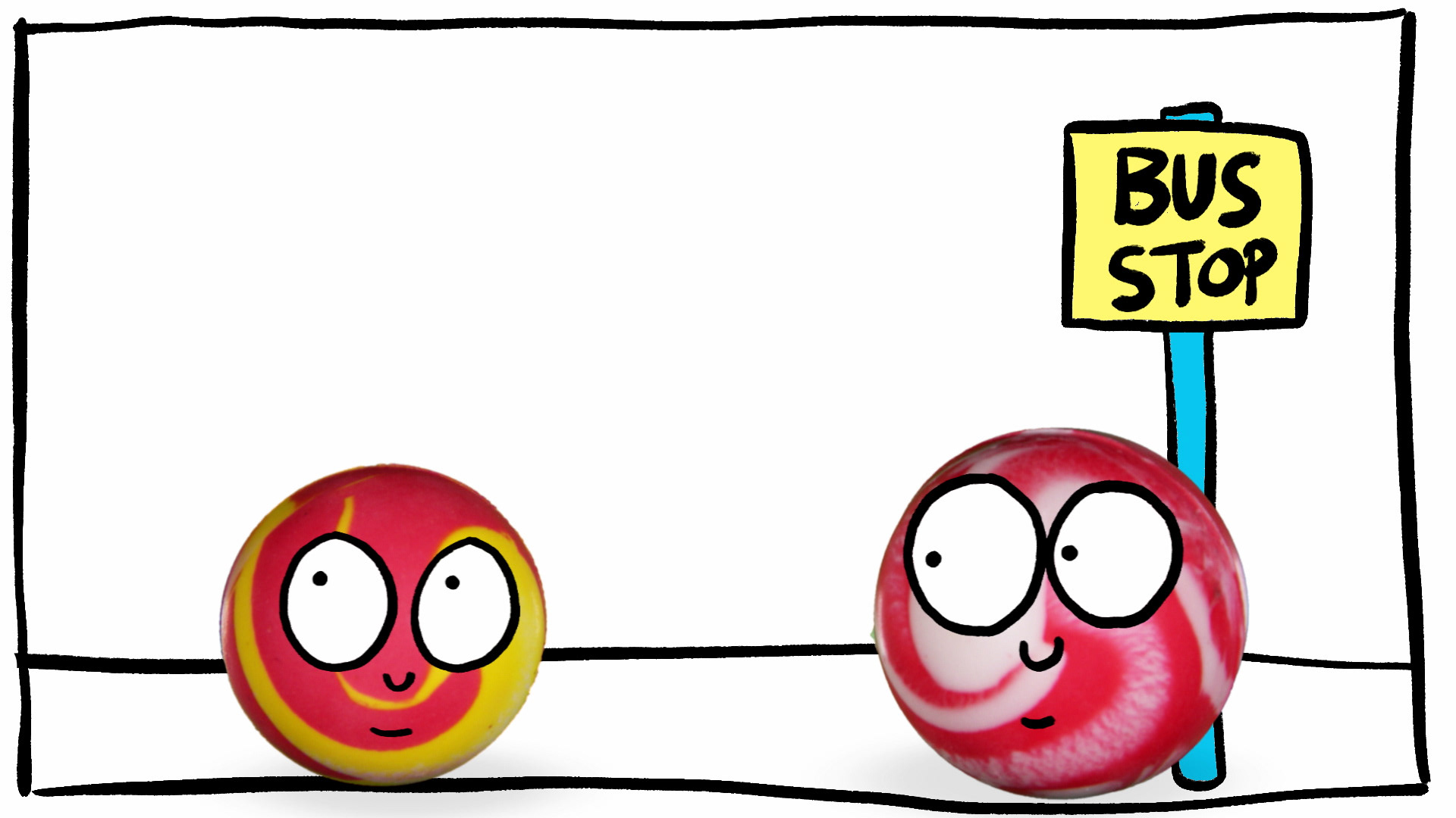Two Bouncy balls at a bus stop for our My Pockets animation Bounce Hate.