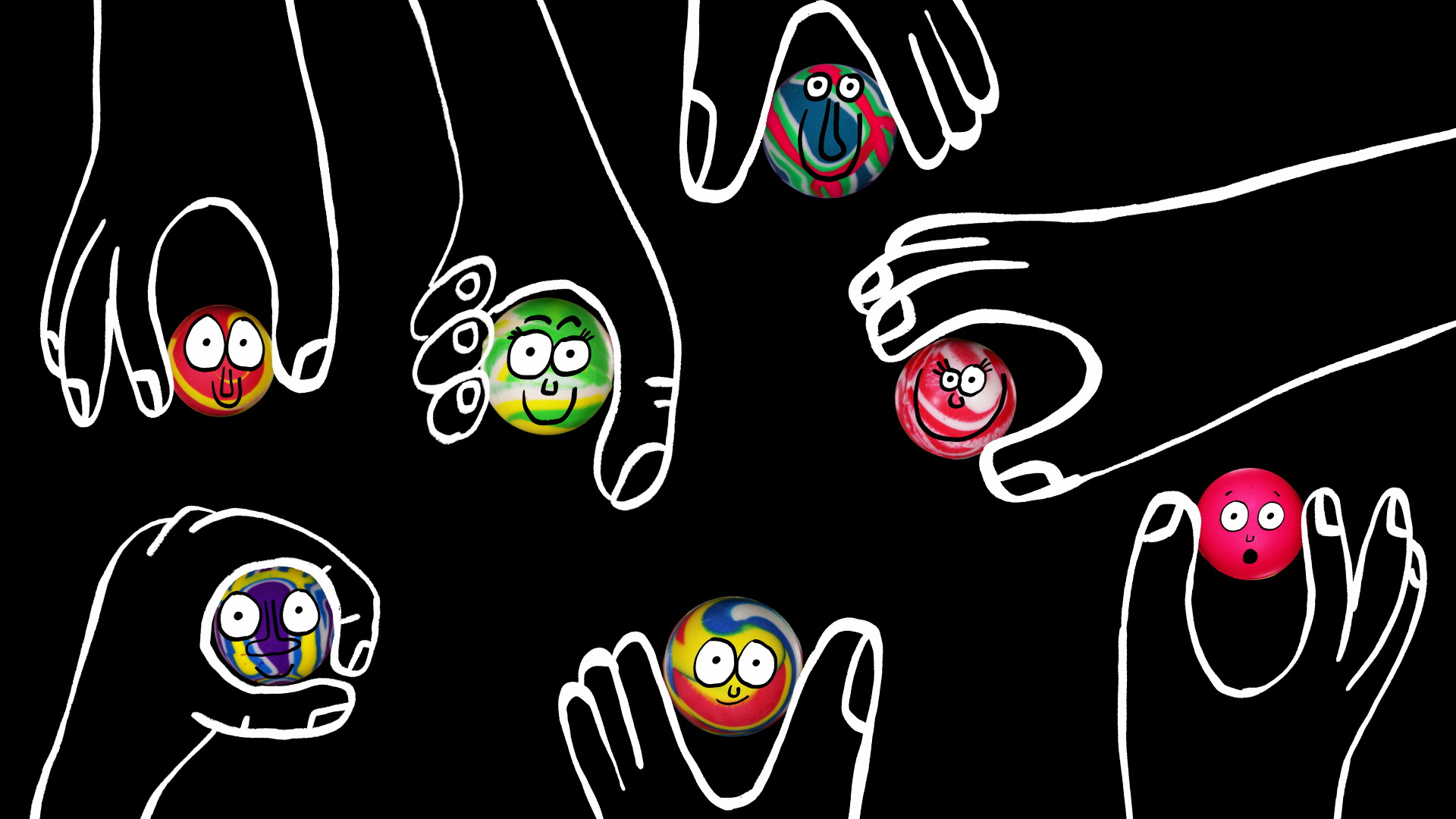 bouncy ball in hands on a black background. A My Pockets Animation image from Bounce Hate