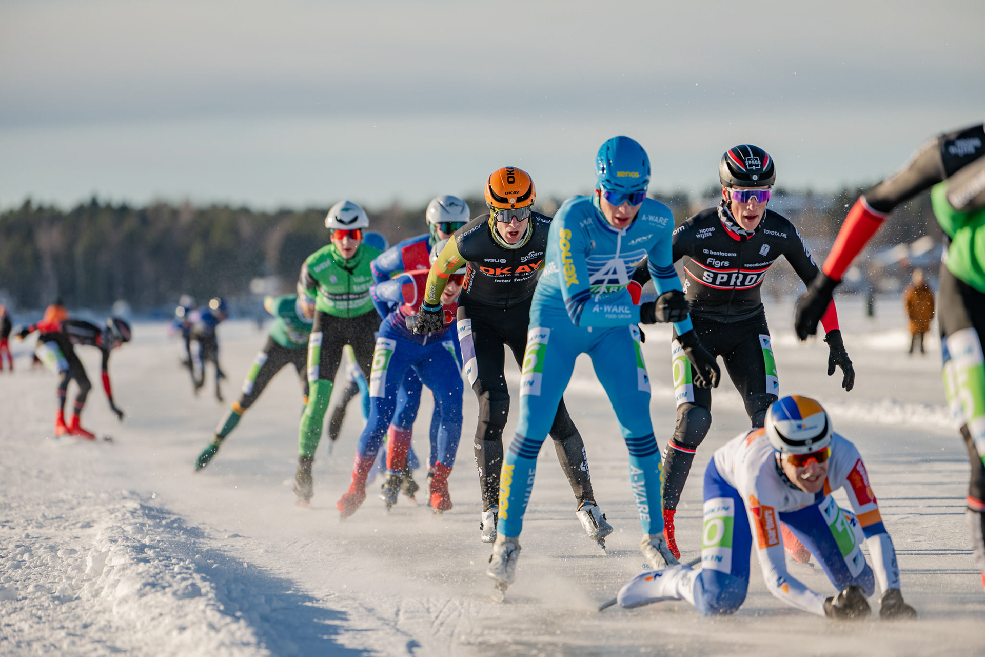 Contestant falling during ice skating race at the Frozen Sea at Lulea, Sweden for Schaatsen Luleå