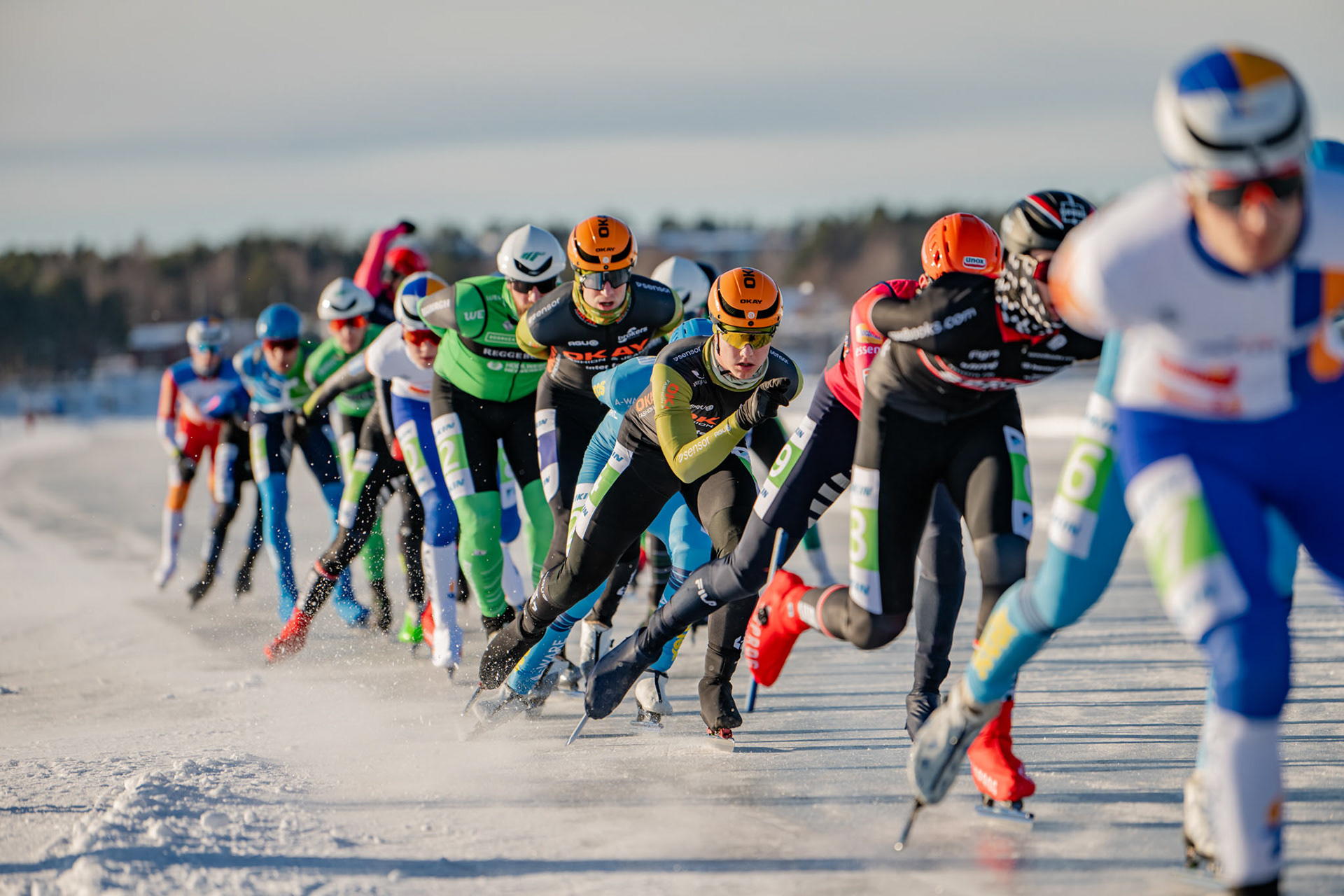 Contestants cruising through ice at the Frozen Sea at Lulea, Sweden for Schaatsen Luleå