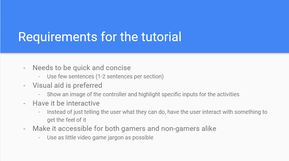 Requirements made from the analysis for the SyncVR tutorial