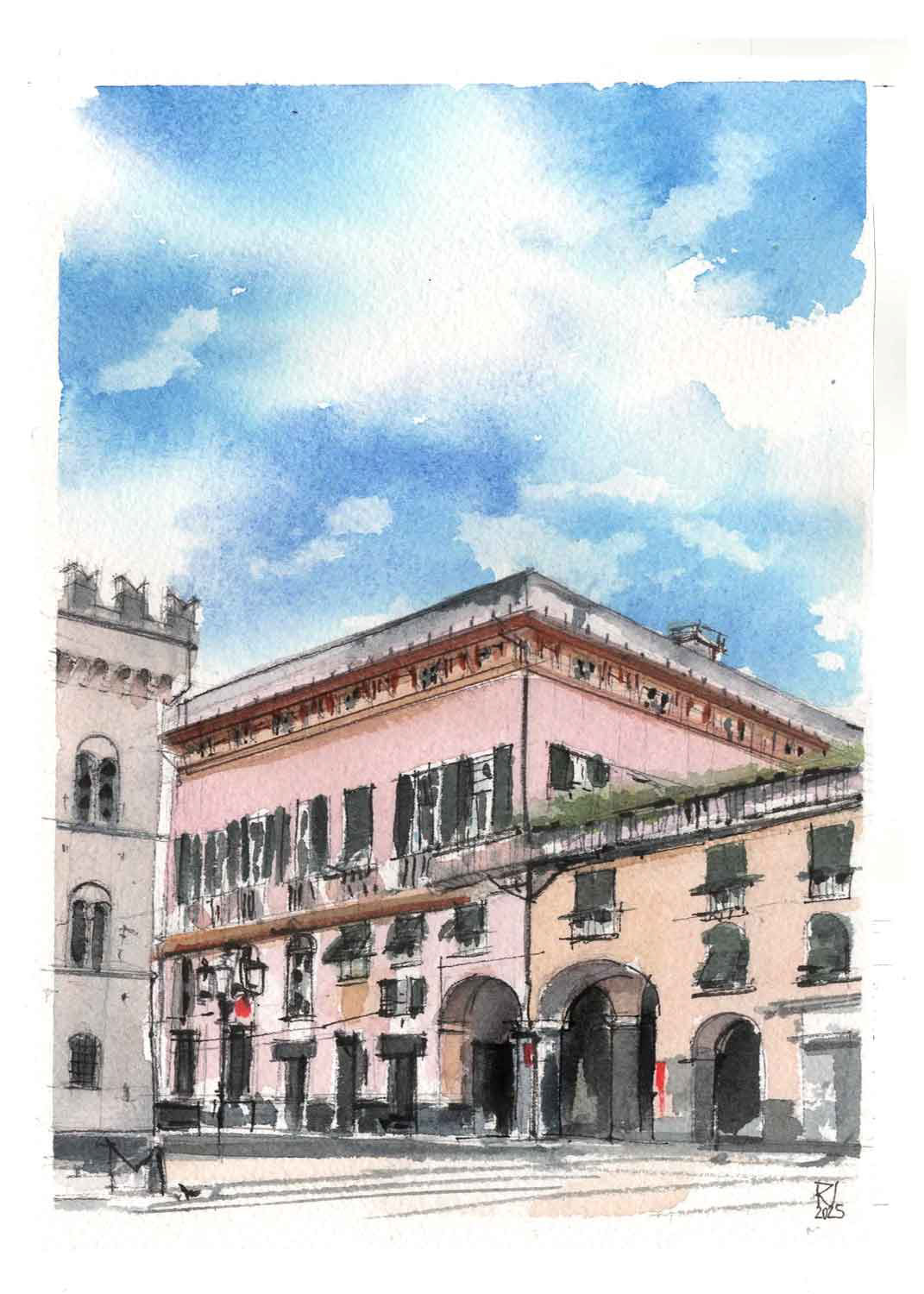 Chiavari, Piazza Mazzini angolo sud-ovest, (15x21, Acquarello su carta, 2025)