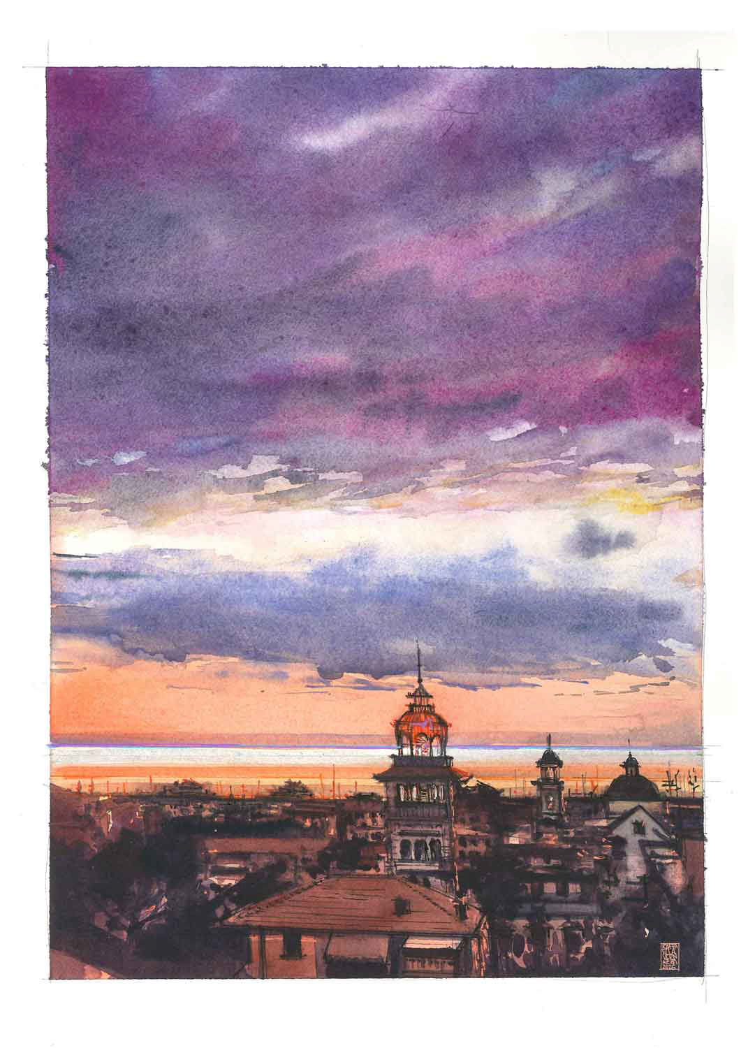 Chiavari, Piazza dei Cacciatori al tramonto, (21x30, Acquarello su carta, 2025)