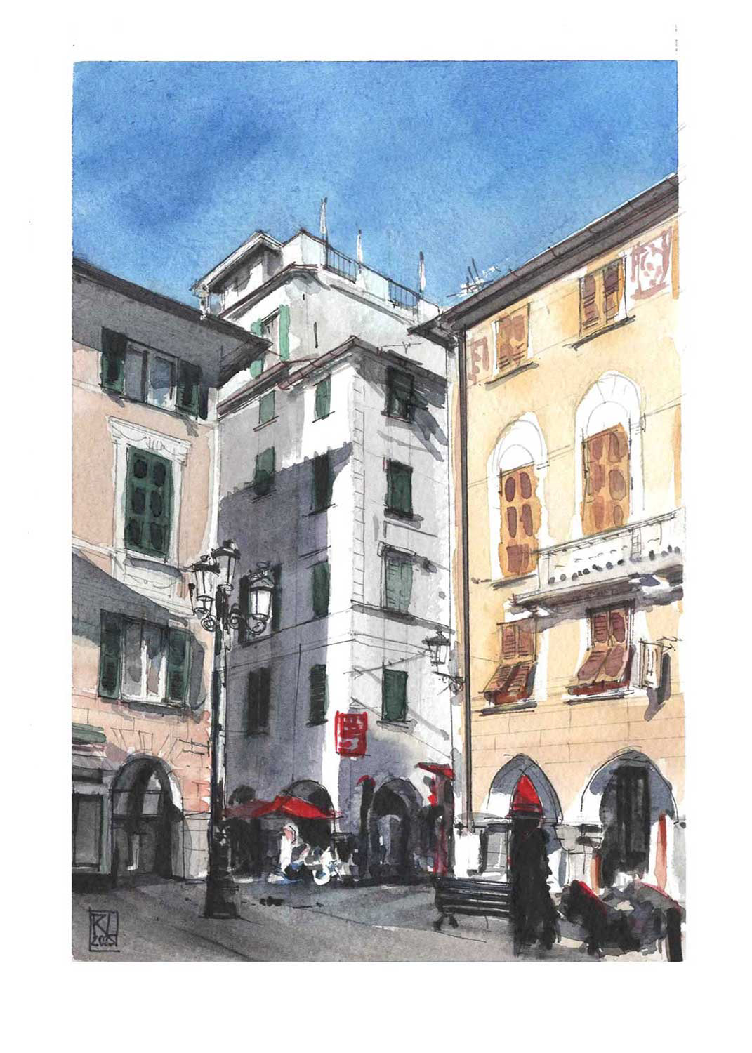 Chiavari, Piazza Mazzini (15x21, Acquarello su carta, 2025)