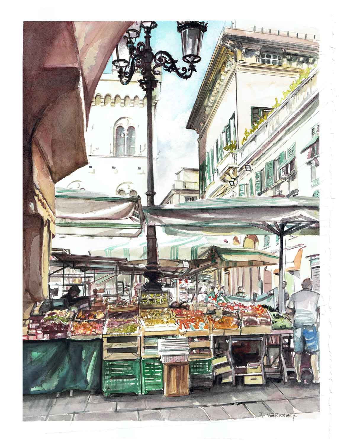 Chiavari, mercato (30x40, acquarello su carta, 2020)