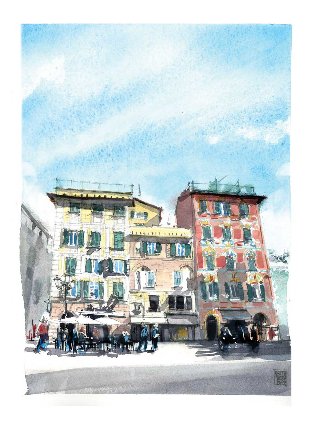 Chiavari, Piazza Mazzini, palazzi a Levante (15x21, Acquarello su carta, 2025)