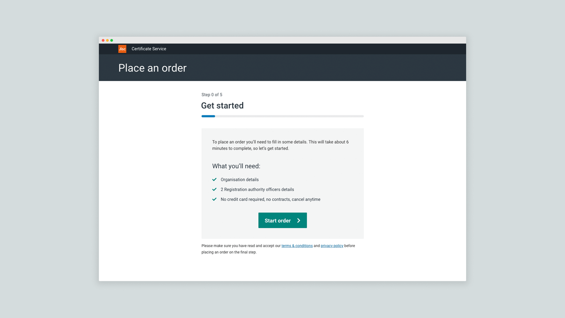 Mockup of the Jisc Certificate Service place an order service website in a laptop