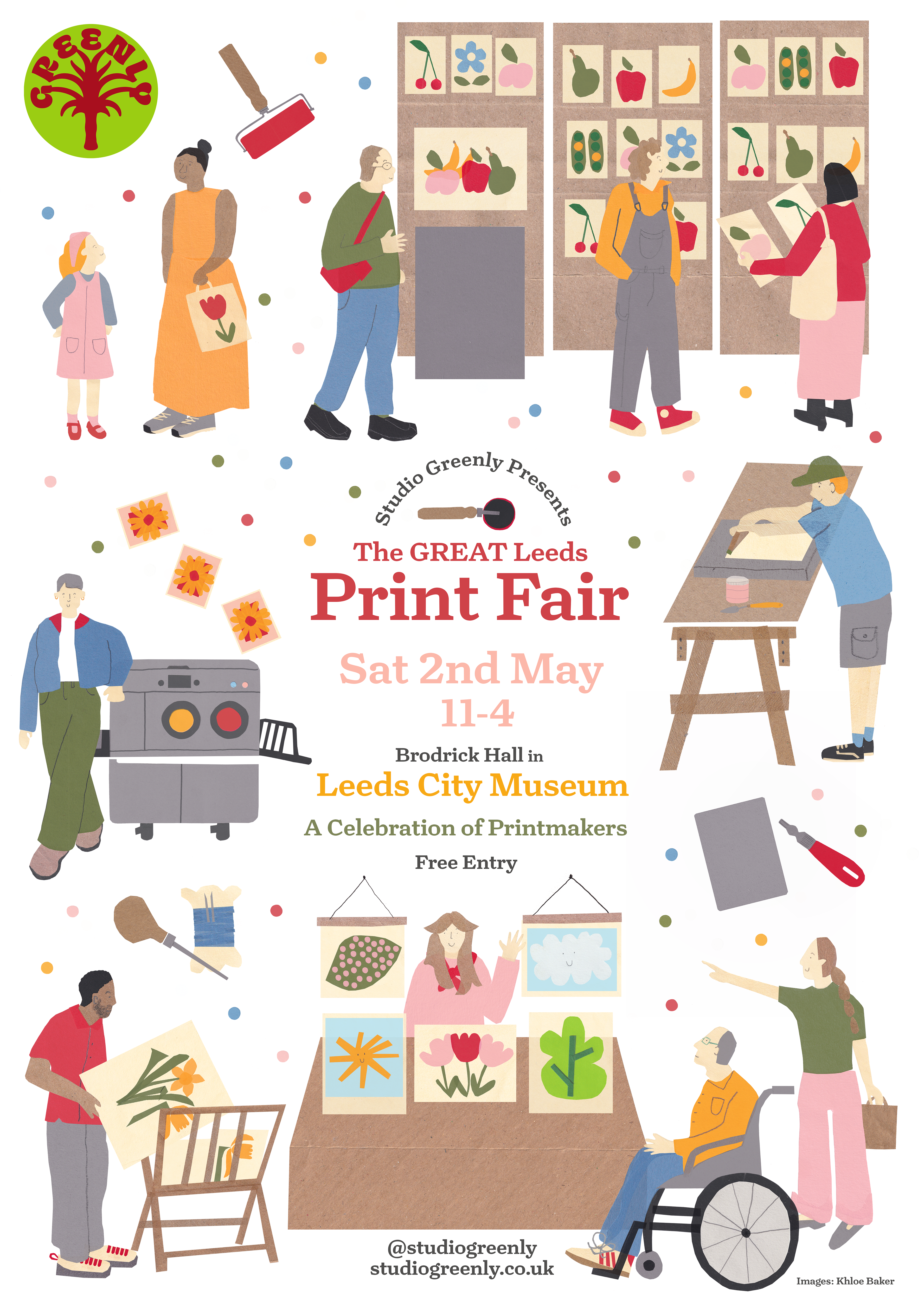 A poster with red text that says 'The Great Leeds Print Fair' with collaged people at a print market, made with pink, blue, green, yellow, grey, and brown paper. 