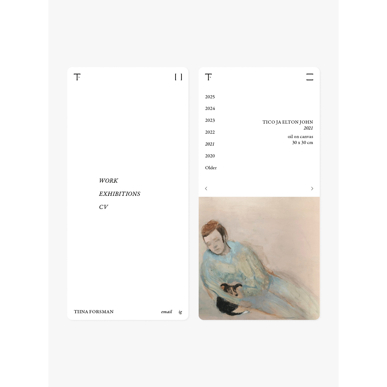Screens of a mobile website for a visual artist