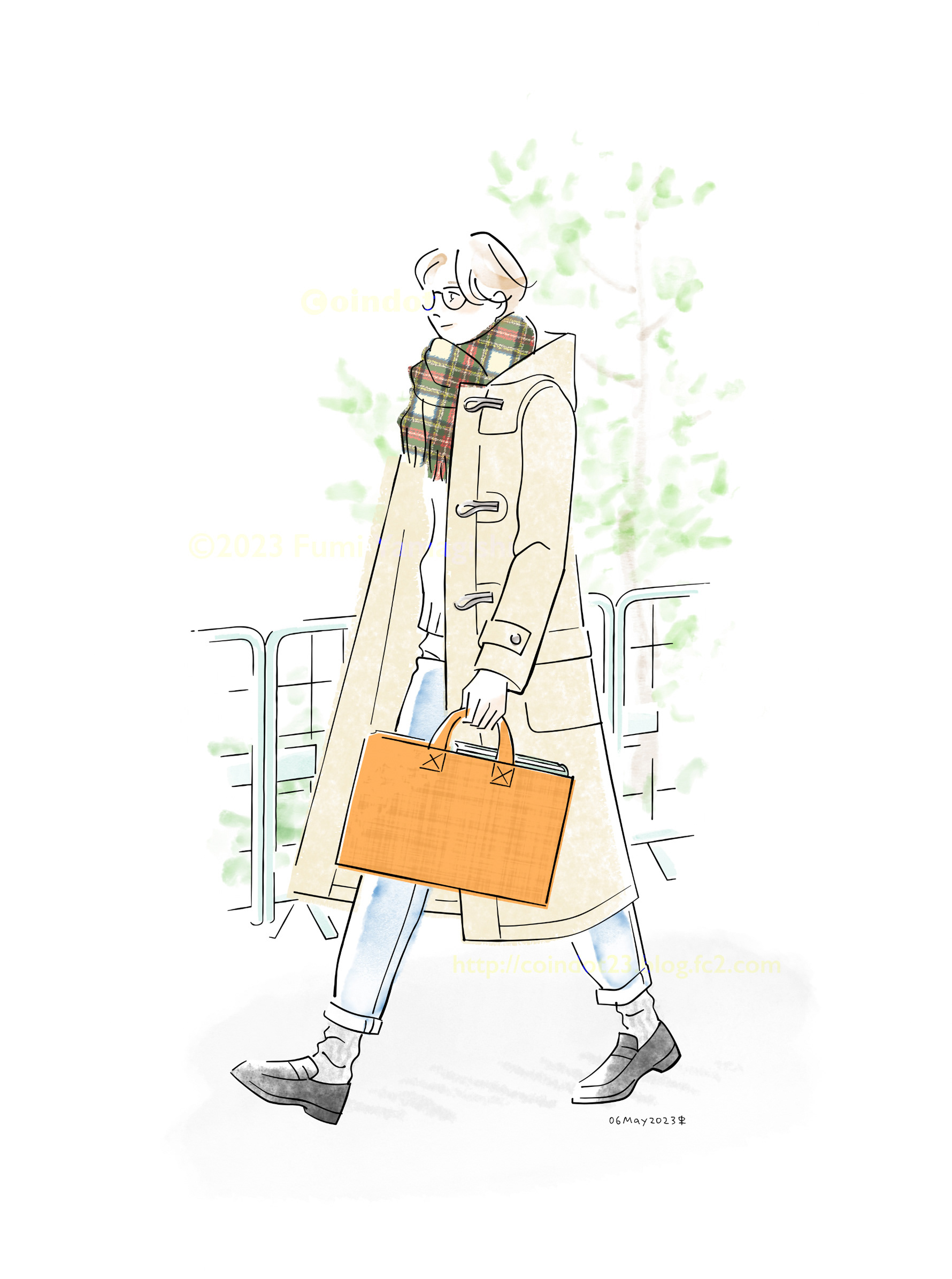 ショートカットにメガネをかけた中性的な女性が、本の入った手提げバッグを持って歩いているイラスト。ダッフルコートにタータンチェックのマフラー、ジーンズにローファーを身につけている。