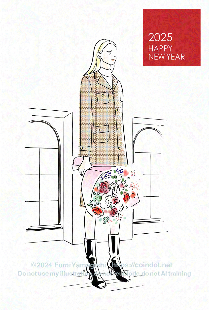 2025年の年賀状の絵柄面。イラストを全面に配置したデザイン。アーチ型の大きな窓が並ぶ室内で、金髪ロングの女性が華やかな色合いの大きなブーケを持って立っている場面。ブラウン基調のチェックのコートに革のショートブーツを身につけている。右上に見出しのテキスト「2025 ハッピー・ニューイヤー」。