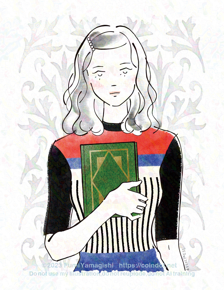 セミロングヘアの女の子の正面向きの上半身のイラスト。赤、黒、紺でブロック分けされたデザインのニットを来て、本を胸に抱えている。背景は薄いアカンサス模様