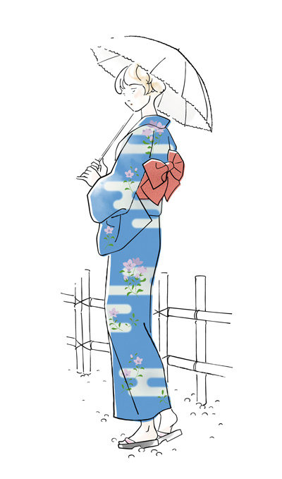 ショートヘアの浴衣姿の女の子の全身イラスト。浴衣は紺地にエガスミと桔梗の柄。いわゆる見返り美人ポーズで、白いレースの日傘を両手で持っている。