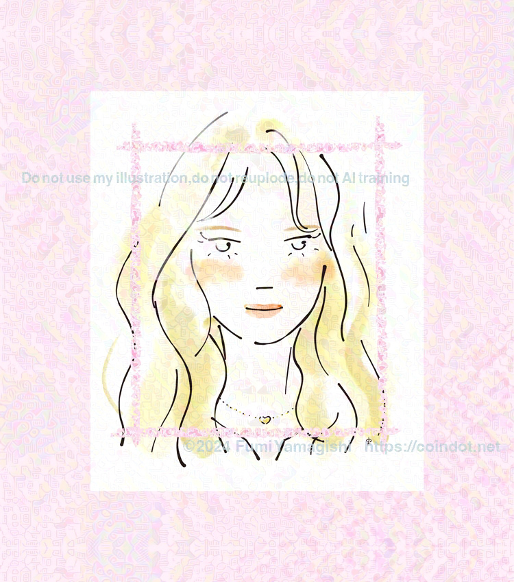 ロングヘアの女性がこちらを向き微笑んでいる顔のアップのイラスト。写真に落書きするような感じで、顔を四角く囲う線が描かれている