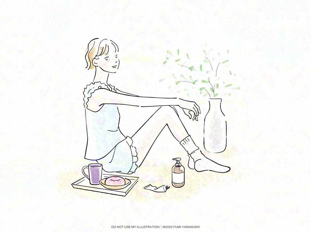 ショートカットの女の子が自室の床でリラックスした体育座りのようなポーズで微笑んでいるイラスト。 フリルをあしらったセットのルームウェア(キャミソール型のトップスにショートパンツ)とソックスを身につけている。 床には背後にグリーンを生けた花瓶、身の回りに、ドーナツとマグカップを乗せたトレイ、スキンケア用品が置かれている。