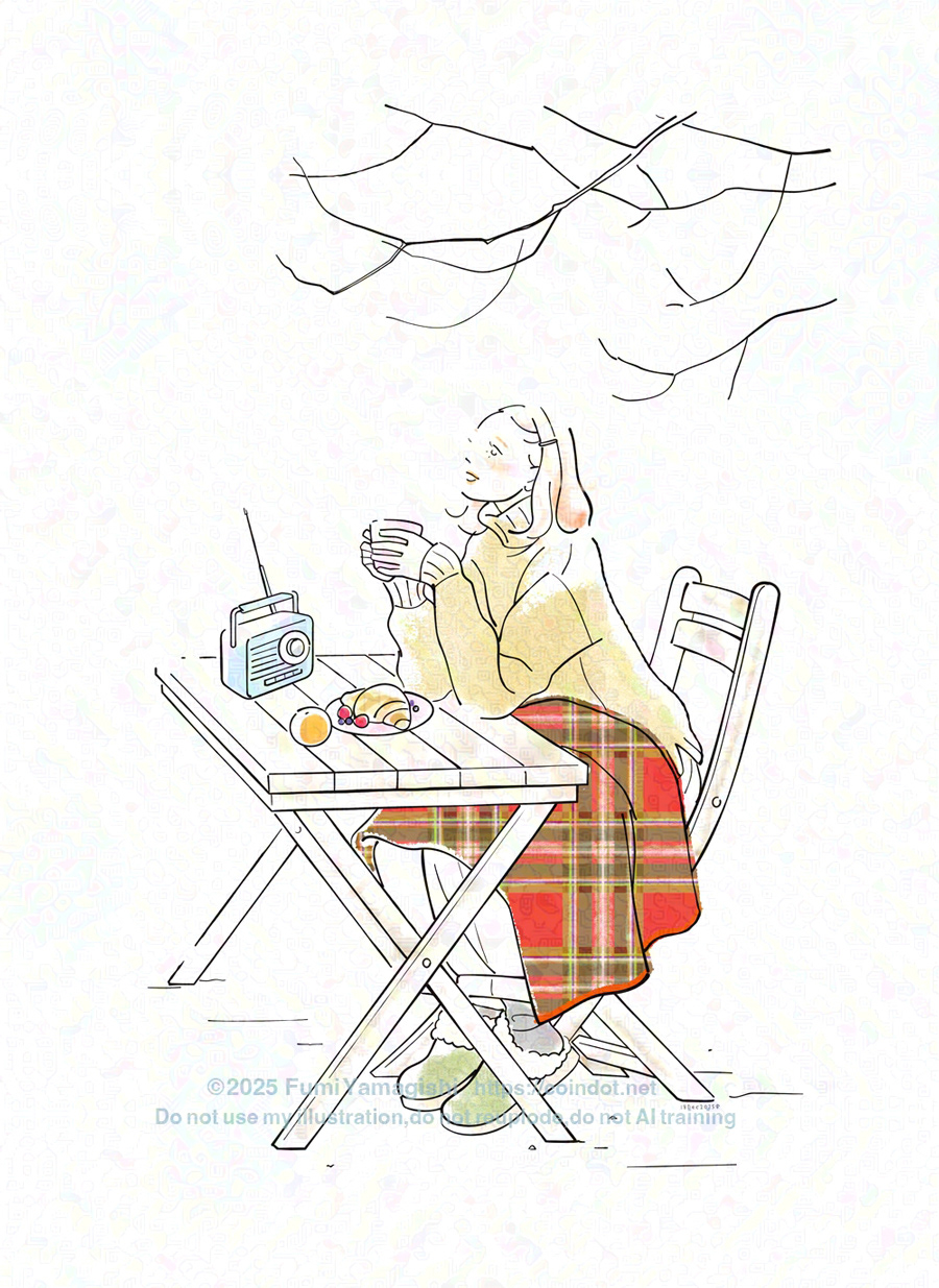 冬の場面のイラスト。葉の落ちた梢の下、ガーデンテーブルセットに座った女の子が、カップを手に空を見上げている。厚手のニットや膝掛けなど冬の装い。テーブルにはクロワッサンなどの朝食。