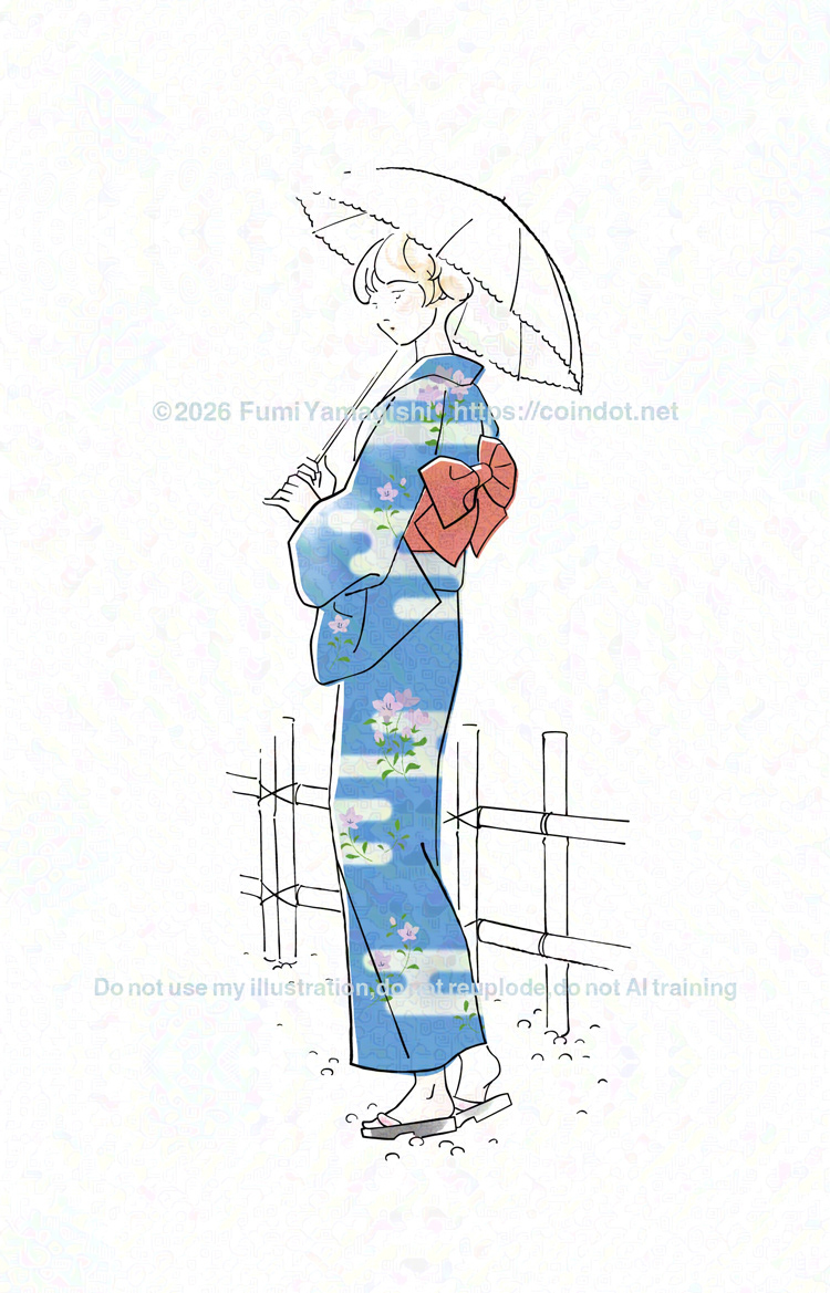 ショートヘアの浴衣姿の女の子の全身イラスト。浴衣は紺地にエガスミと桔梗の柄。いわゆる見返り美人ポーズで、白いレースの日傘を両手で持っている。