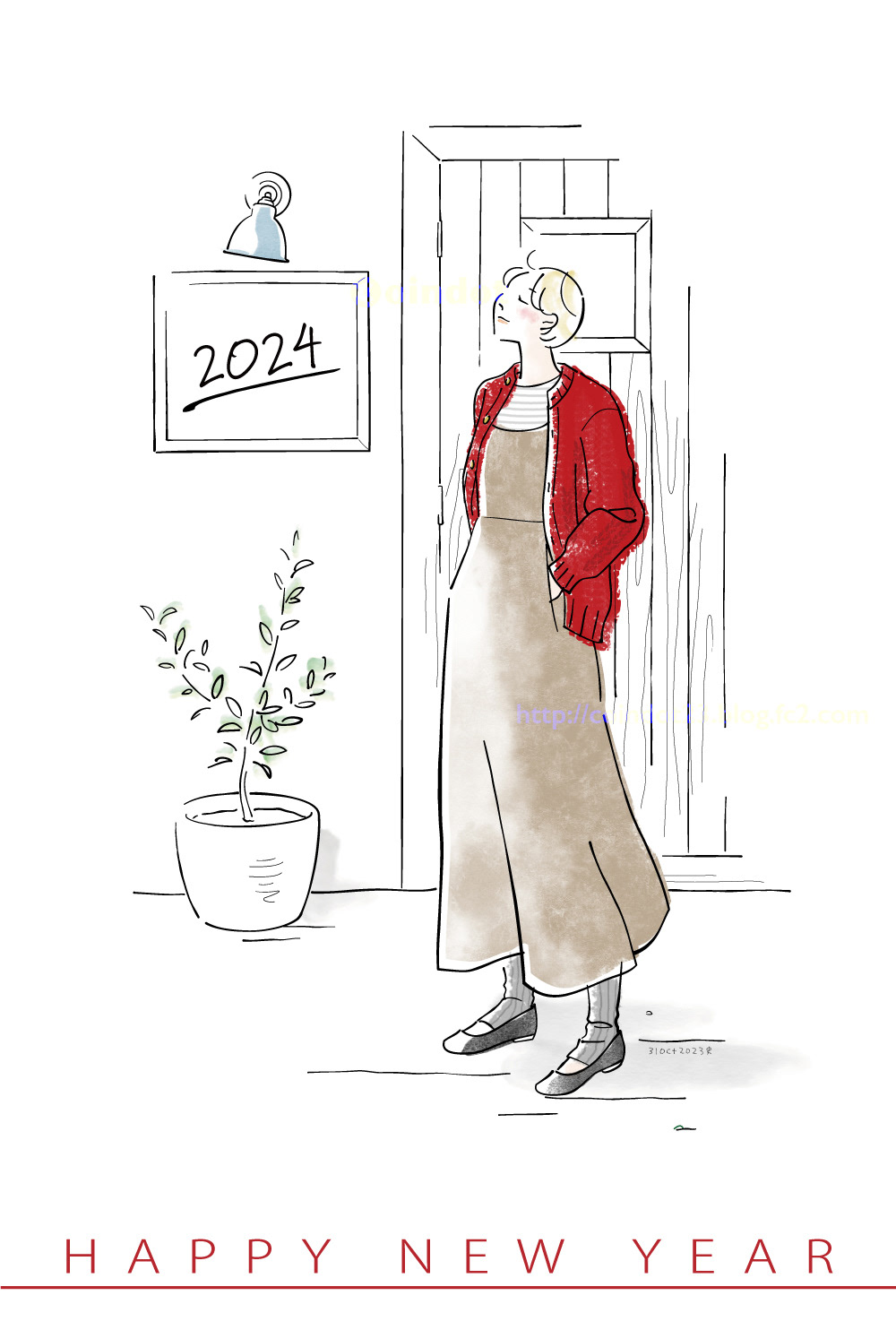 2024年の年賀状イラスト。お店の入り口のような場所に立ち、ポケットに手を入れ眩しそうに空を見上げているショートカットの女性。グレージュのロングキャミソールワンピースに、赤いニットのカーディガンを羽織っている。背景のドアの横に設置してあるプレートには「2024」と書かれている